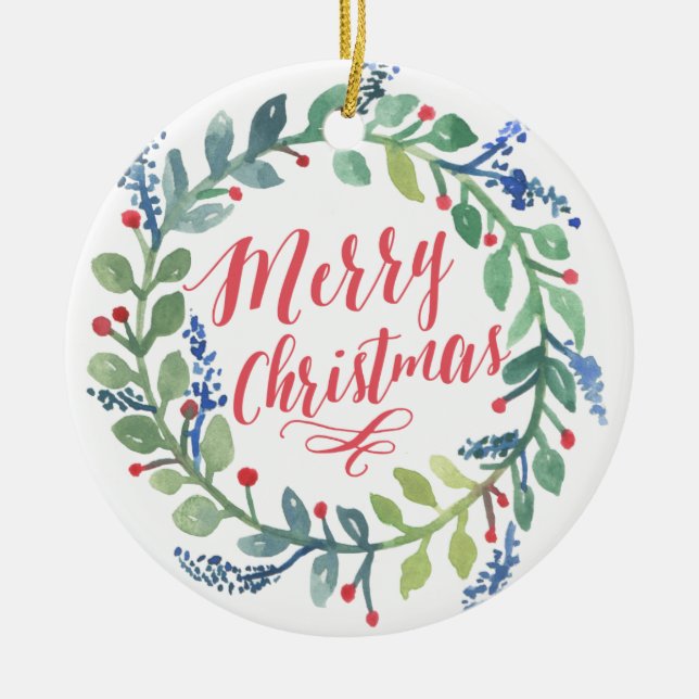 Watercolor Wreath Christmas Photo Ceramic Ornament (Front)