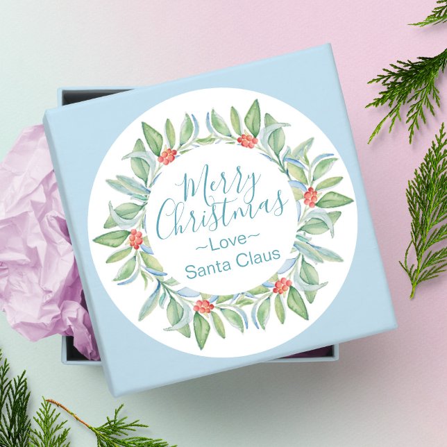 Watercolor Wreath Christmas Sticker (Christmas stickers watercolor botanical holly and berries art by Victoria Grigaliunas)