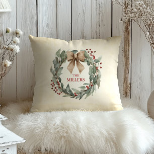 Watercolor Wreath Christmas Throw Pillow