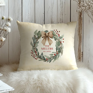 Watercolor Wreath Christmas Throw Pillow