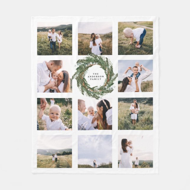 Watercolor wreath elegant 11 photo modern family fleece blanket (Front)