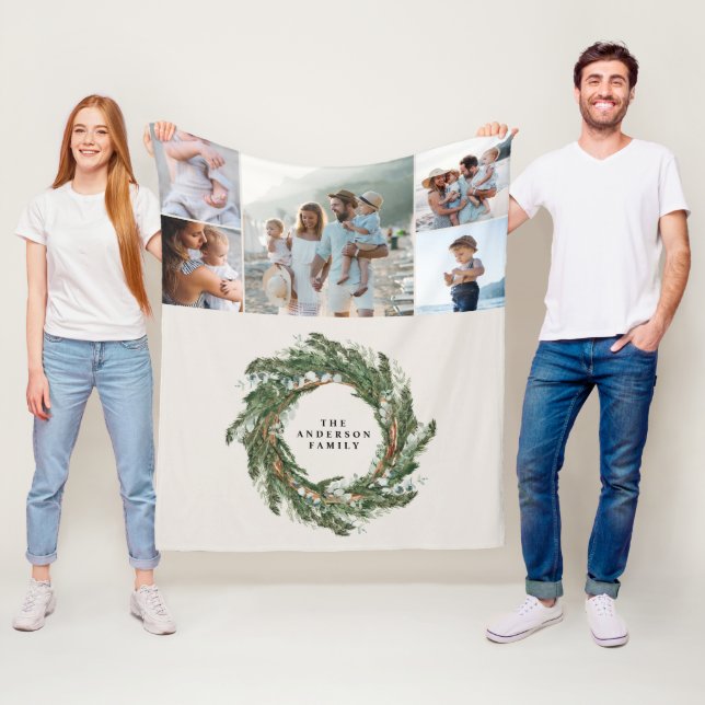 Watercolor wreath elegant 5 photo modern family fleece blanket (In Situ)