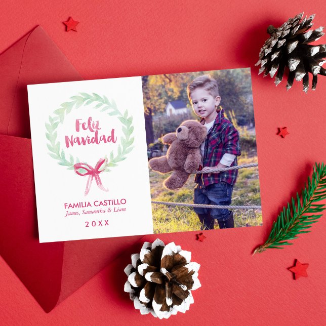 Watercolor Wreath Feliz Navidad Photo Holiday Card (Creator Uploaded)