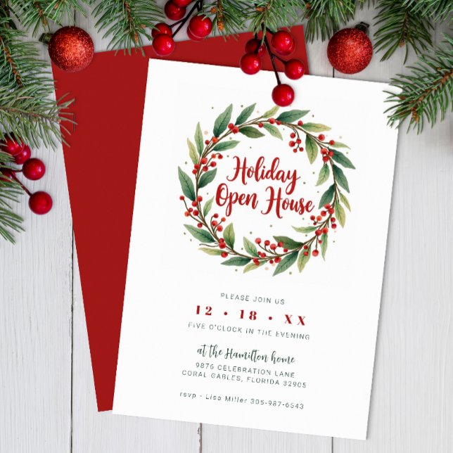 Watercolor Wreath Holiday Open House Invitation (Holiday Open House Invitation )