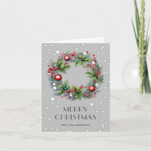 Watercolor Wreath Holly Berries Merry Christmas Holiday Card