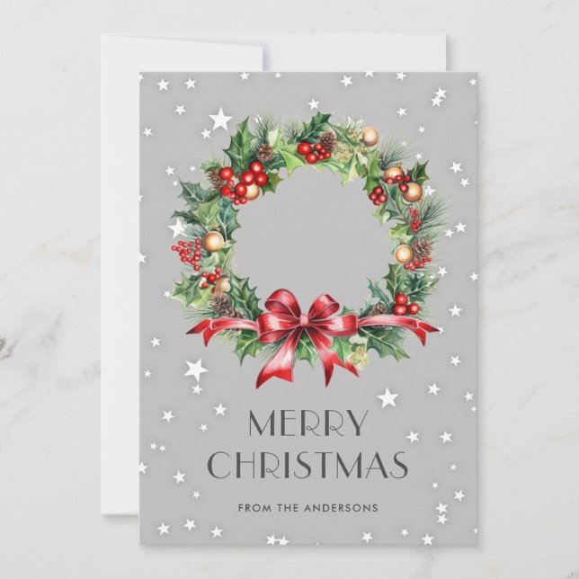 Watercolor Wreath Holly Stars Merry Christmas Card (Front)