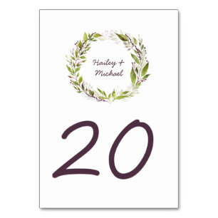 Watercolor Wreath Leaves Plum Berries Table Cards
