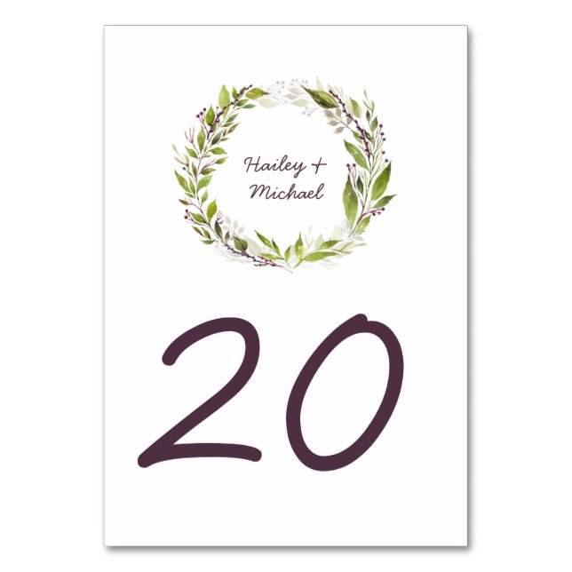 Watercolor Wreath Leaves Plum Berries Table Cards (Front)