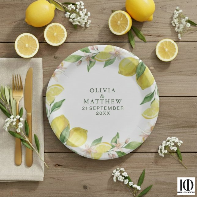 Watercolor Wreath Mediterranean Citrus Wedding Paper Plate (Creator Uploaded)
