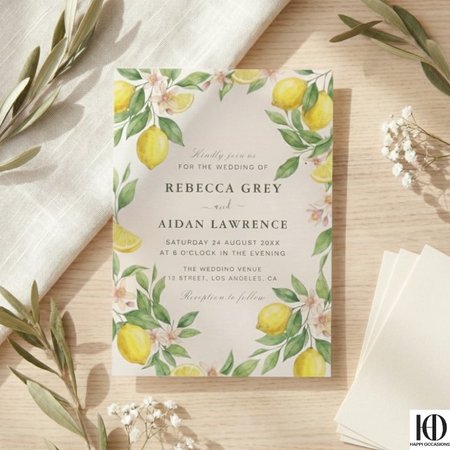 Watercolor Wreath Mediterranean Citrus Wedding Vellum Invitations (Creator Uploaded)