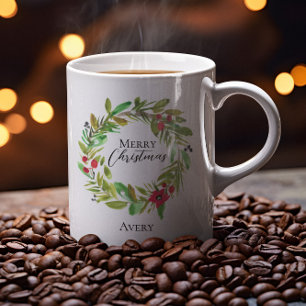Watercolor wreath Merry Christmas Custom Coffee Mug