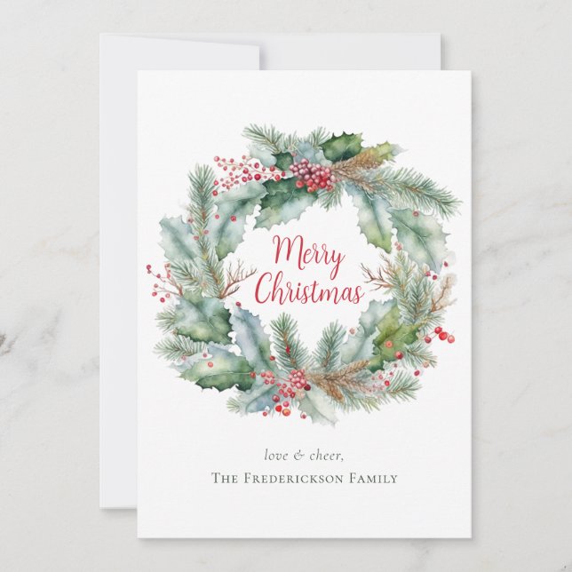 Watercolor Wreath Merry Christmas Personalized Holiday Card (Front)