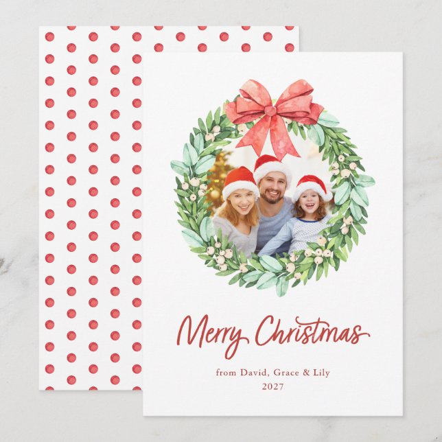 Watercolor Wreath Merry Christmas with Photo Names (Front/Back)