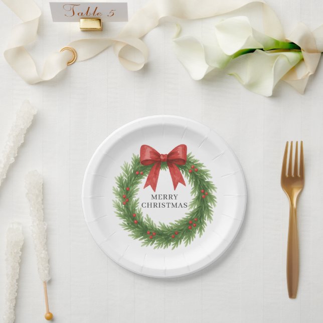 Watercolor Wreath Modern Christmas Paper Plate (Wedding)