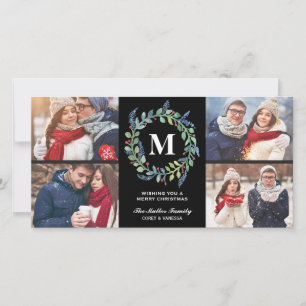 Watercolor Wreath Monogram 4 Photo Holiday Card