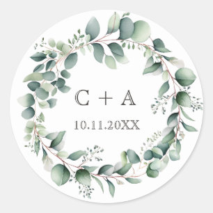 Watercolor Wreath Monogram Round Wedding Sticker 