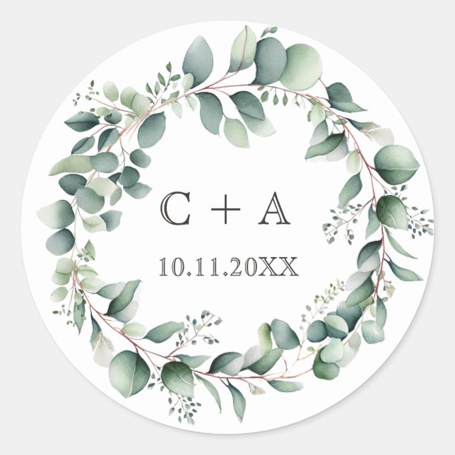 Watercolor Wreath Monogram Round Wedding Sticker  (Front)