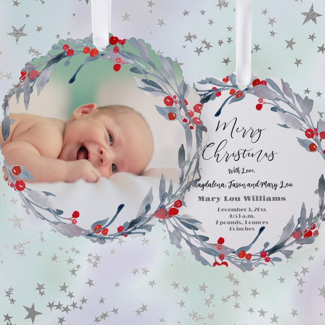 watercolor wreath new baby ornament card (Creator Uploaded)