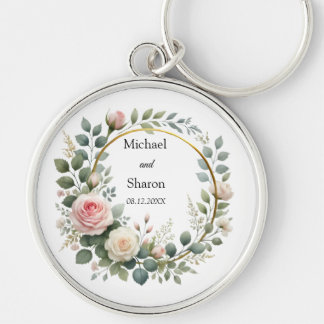 Watercolor Wreath of Soft Pink and White Roses  Keychain