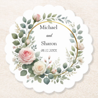 Watercolor Wreath of Soft Pink and White Roses  Paper Coaster