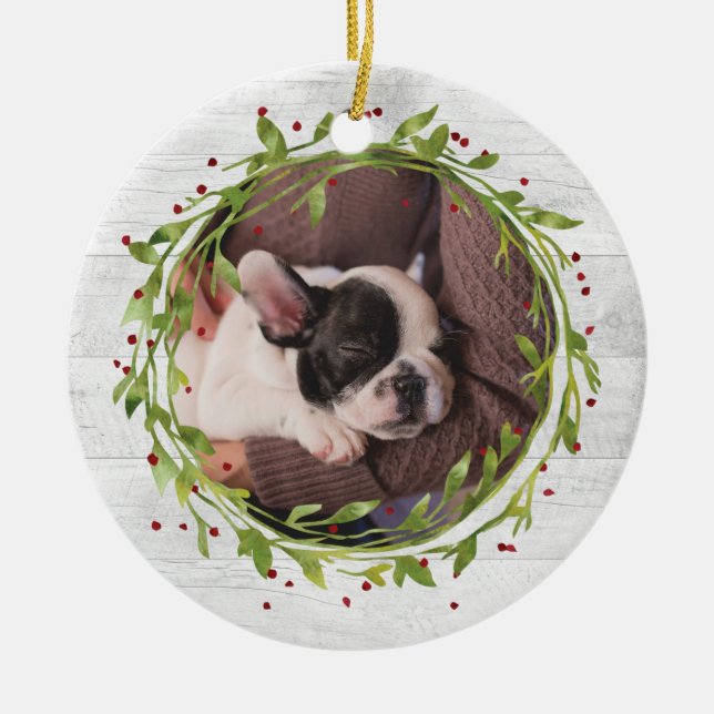 Watercolor Wreath on Wood Pet Photo Ceramic Ornament (Front)