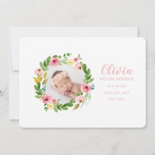 Watercolor wreath photo birth announcement