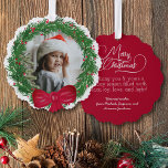Watercolor Wreath Photo Frame Merry Christmas Ornament Card<br><div class="desc">These beautiful ornament cards are a wonderful way to send holiday greetings that can be displayed directly on the Christmas tree! The simple yet fun design features a hand painted watercolor wreath with your photo inside. The back is a gorgeous deep red colour with the title "Merry Christmas" written in...</div>