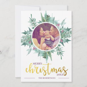 Watercolor Wreath Photo Gold Merry Christmas Holiday Card