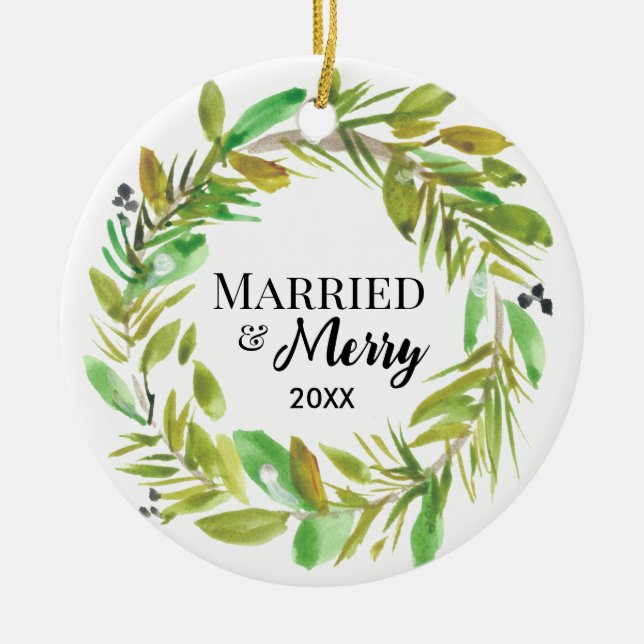 Watercolor wreath Photo Married and Merry Ceramic Ornament (Front)