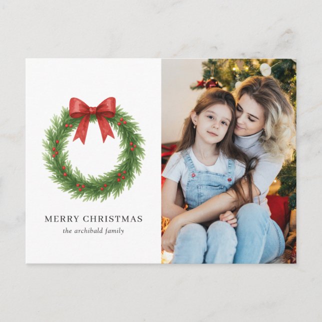 Watercolor Wreath Photo Modern Christmas Holiday Postcard (Front)