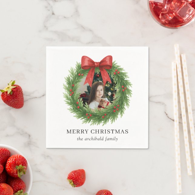 Watercolor Wreath Photo Modern Christmas Napkin (Insitu)