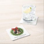 Watercolor Wreath Photo Modern Christmas Square Paper Coaster<br><div class="desc">Modern Christmas paper coasters featuring a simple and minimal design with your favourite photo inside of a watercolor wreath along with the editable greeting "Merry Christmas" and your family name.</div>