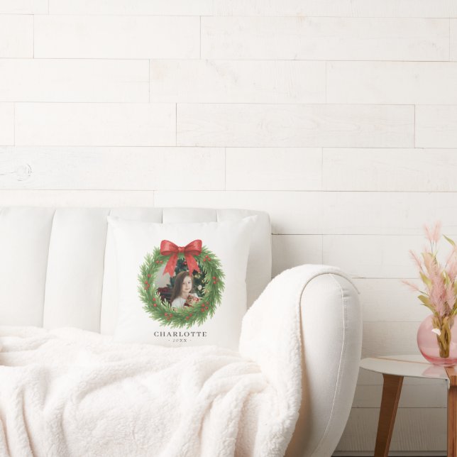 Watercolor Wreath Photo Modern Christmas Throw Pillow (Couch)