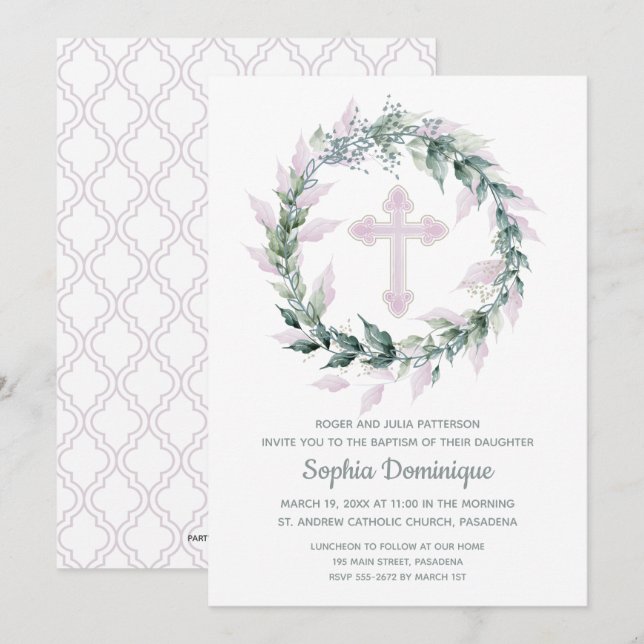 Watercolor Wreath Pink Cross Baptism Invitations (Front/Back)