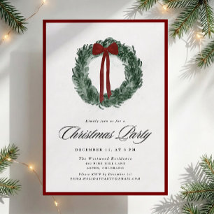 Watercolor Wreath Red Border Christmas Party  Invitation