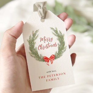 Watercolor Wreath Red Bow Holiday Gift  Tags