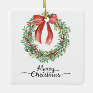 Watercolor Wreath Red Bow Merry Christmas Ceramic Ornament
