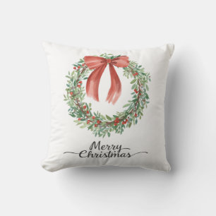 Watercolor Wreath Red Bow Merry Christmas Throw Pillow