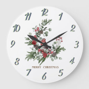 Watercolor Wreath Red Cardinal Christmas   Large Clock