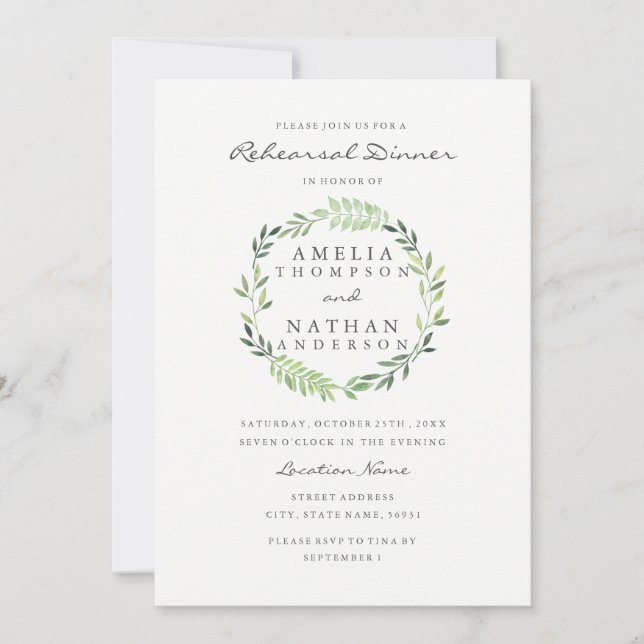 Watercolor Wreath Rehearsal Dinner Invitation (Front)