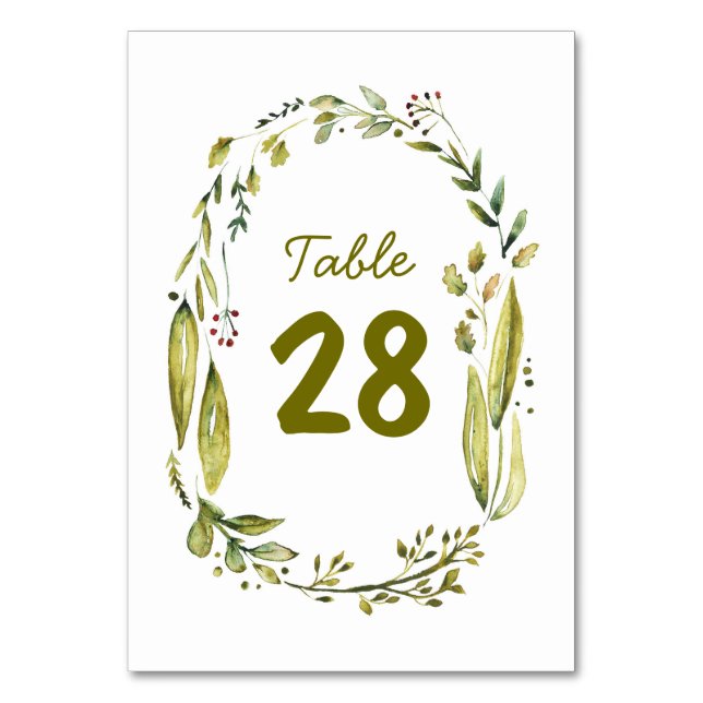 Watercolor Wreath Rustic Wedding Table Numbers (Front)
