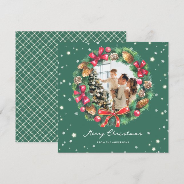 Watercolor Wreath Stars Green Photo Christmas Holiday Card (Front/Back)