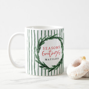 Watercolor wreath & stripe christmas holiday coffee mug