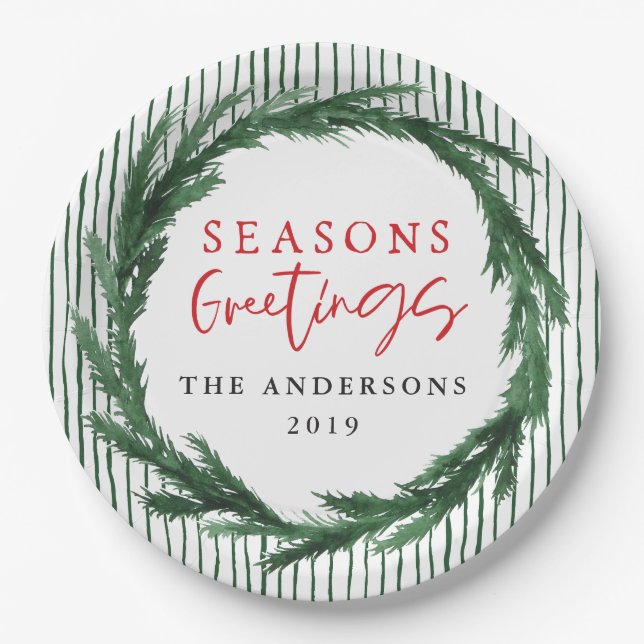 Watercolor wreath + stripe Christmas holiday Paper Plate (Front)