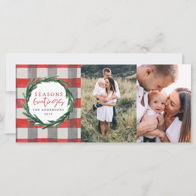 Watercolor wreath + stripe Christmas holiday photo (Front)