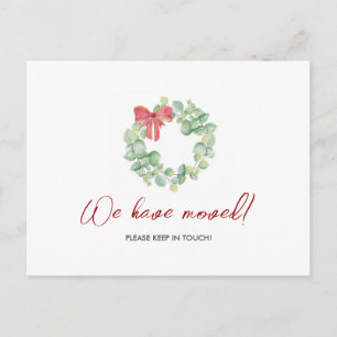 Watercolor Wreath We’ve Moved Christmas Postcard