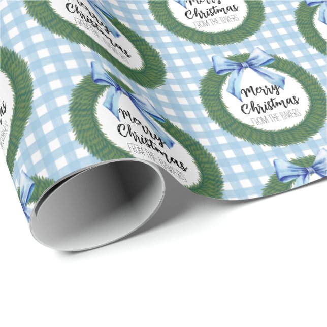 Watercolor Wreath with Blue Bow Christmas Wrapping Paper (Roll Corner)