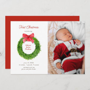 Watercolor wreath with bow Baby photo birth Announcement