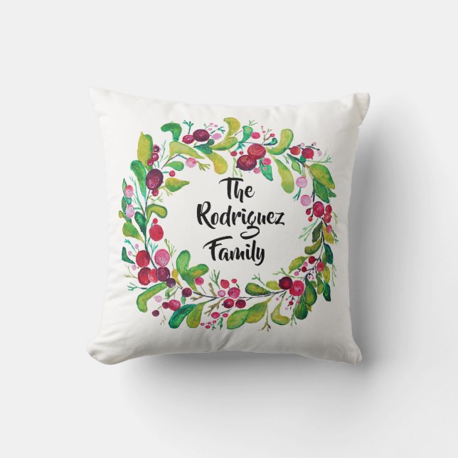 Watercolor Wreath with Red Berries & Name Throw Pillow (Front)