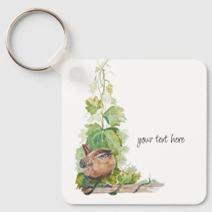 Watercolor Wren Bird Vineyard Grapes Leaves Winery Keychain